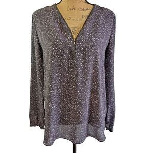 Etcetera Black & White Dots Georgette Long Sleeve Zipped V-Neck Blouse Sz M/L